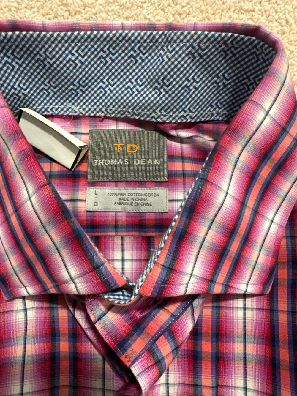 Thomas Dean Men’s L Pima Cotton Plaid Shirt Pink Orange Blue Button‑Down